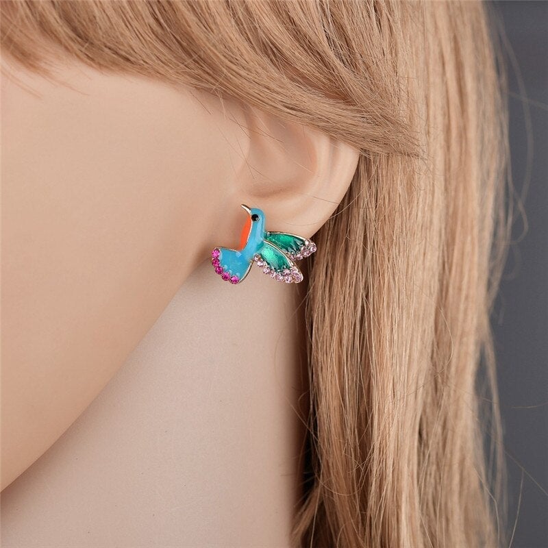 Oorbellen "Kolibrie" met emaille en groene kristal