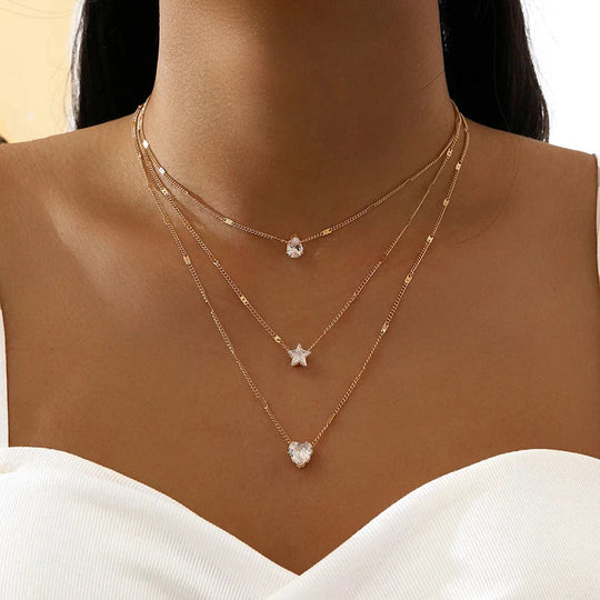 Drie-delige hanger ketting met gouden zirkonia