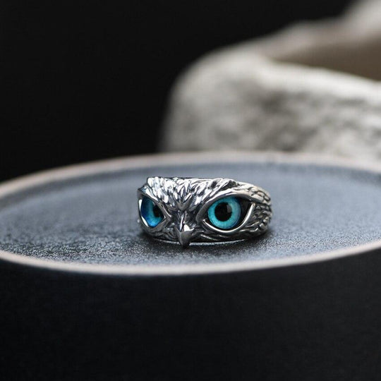 Verstelbare zilveren ring "Uil" met blauwe opaal
