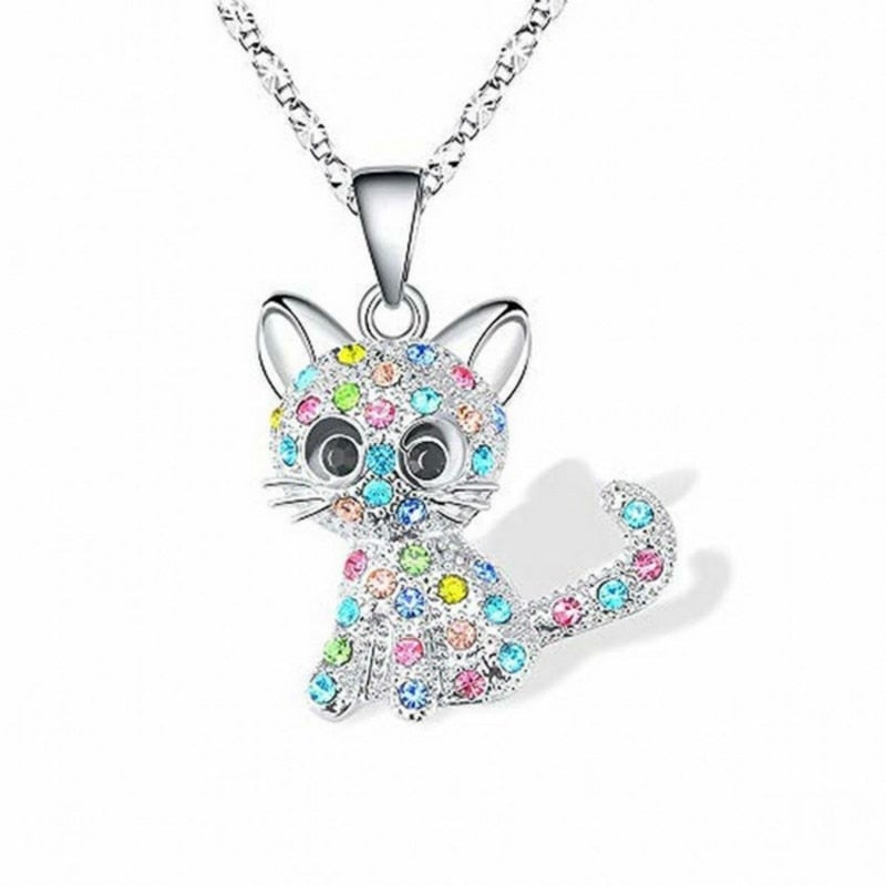 Zilveren ketting met kattenhanger en gekleurde zirkoniastenen