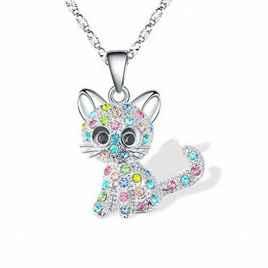 Zilveren ketting met kattenhanger en gekleurde zirkoniastenen