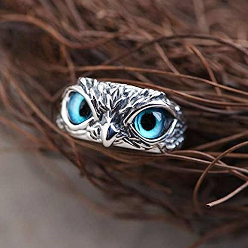 Verstelbare zilveren ring "Uil" met blauwe opaal
