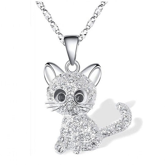 Zilveren ketting met kattenhanger en gekleurde zirkoniastenen