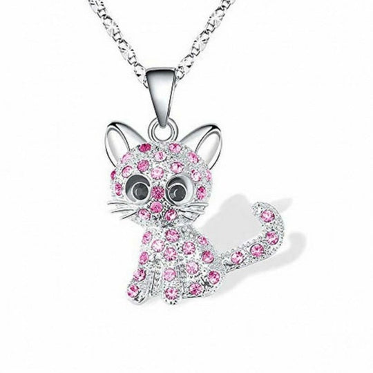 Zilveren ketting met kattenhanger en gekleurde zirkoniastenen